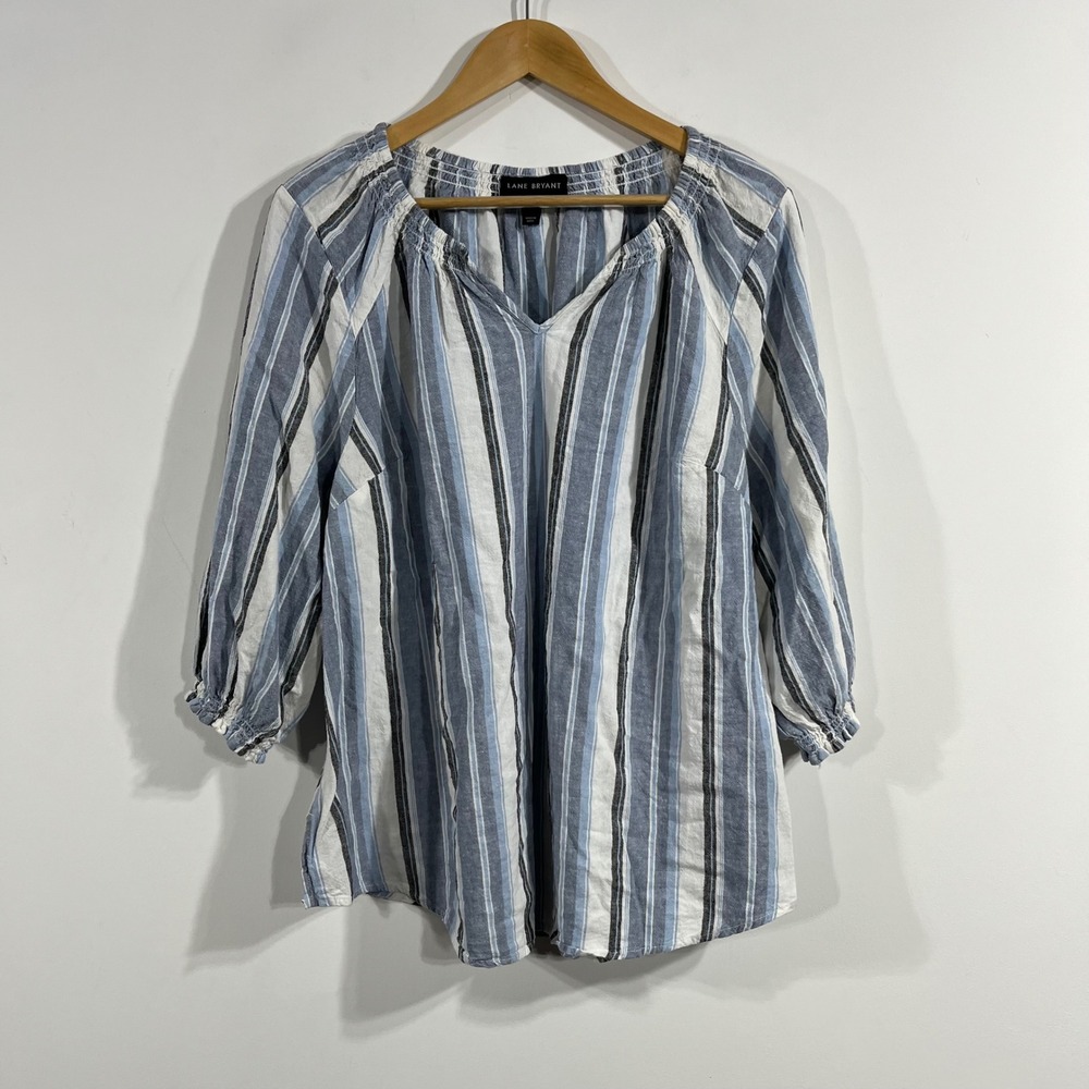 Lane Bryant Fisherman Coastal Blue White Striped Linen Top Womens 16 Boho Resort